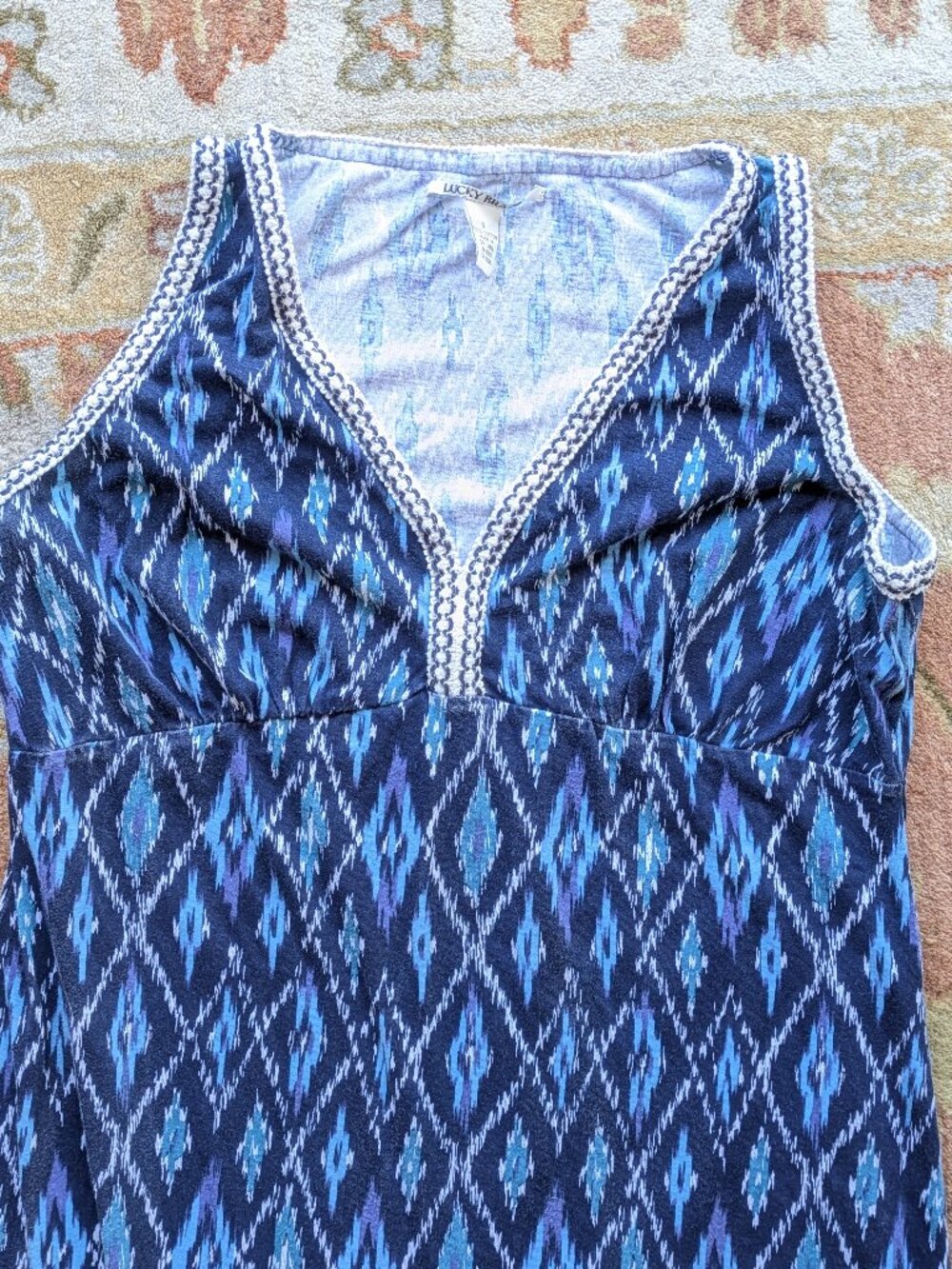 Lucky Brand Sleeveless Blue Embroidered Cotton V Neck Sun Dress Small